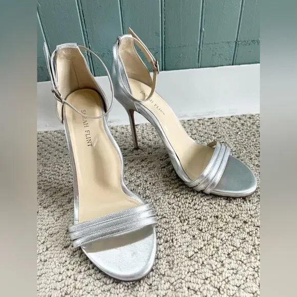Sarah Flint Perfect Sandal heel Metallic Silver Nappa 39 or 8/8.5 wedding formal
